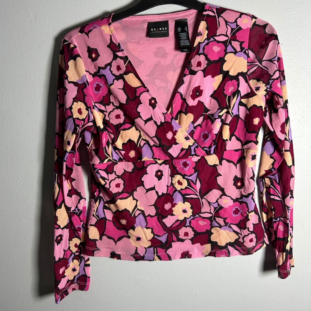 Acess Liz Claiborne Company Womens Floral Print V Neck Long Sleeve Top‎ Size S